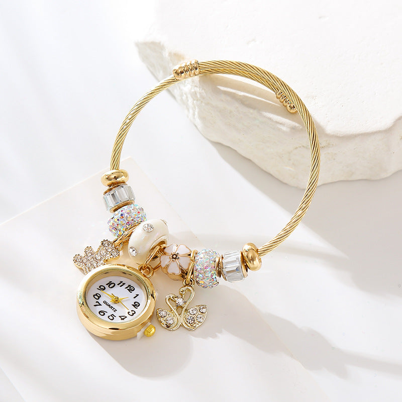 Wholesale DIY Quartz Watch Gold Stainless Steel Beaded Adjustable Bracelet